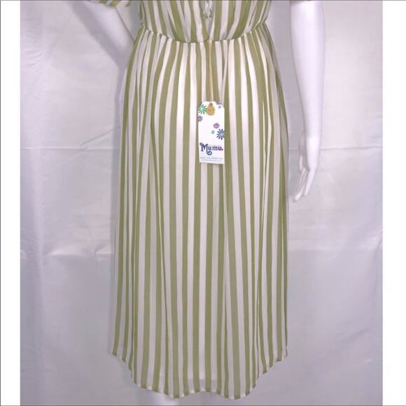 SMY MuMu Cream Olive Green Stripes V-Neck Short Sleeves Midi Dress SzM NWT - Picture 10 of 16